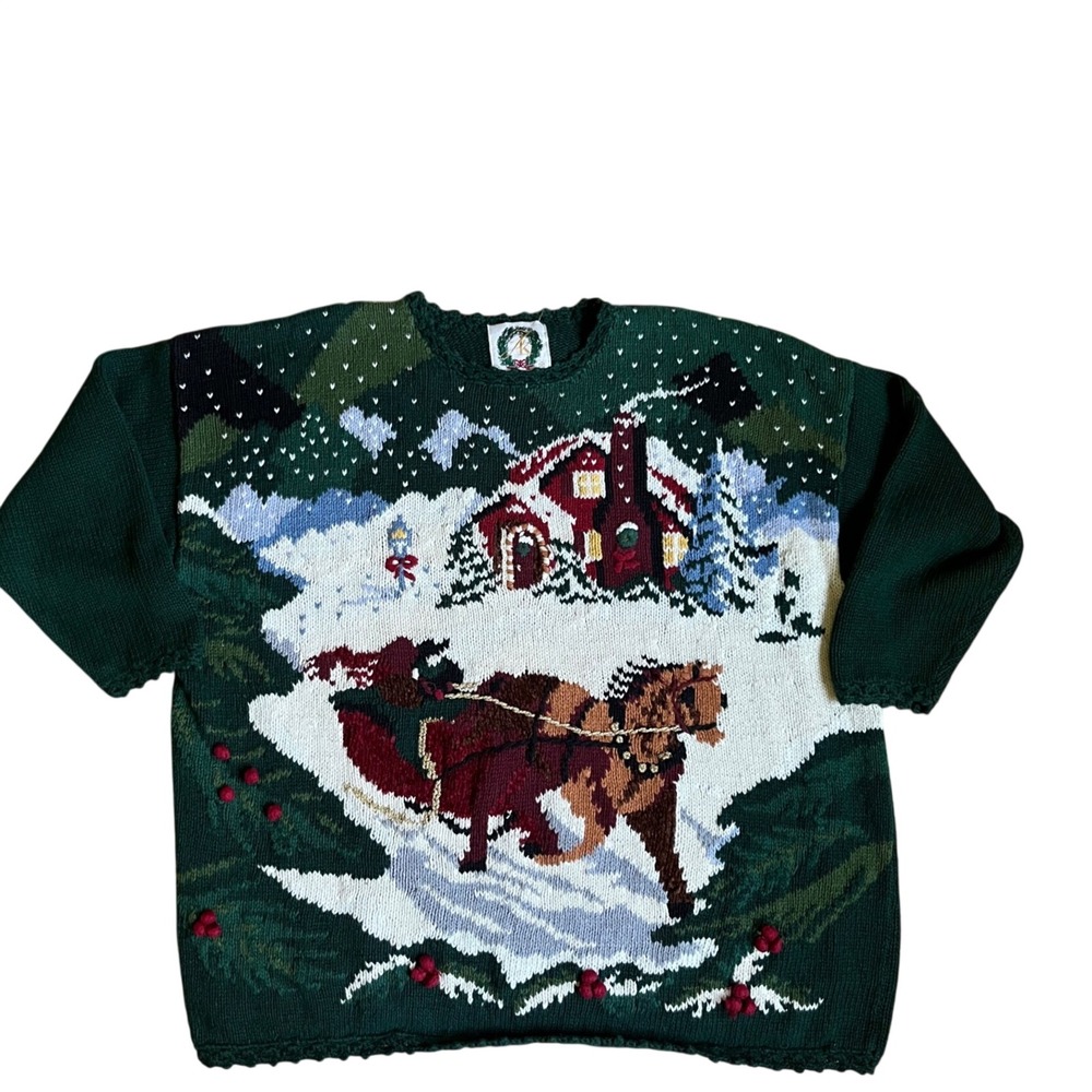 Vintage AK Christmas 1994 Green Intarsia Sleigh Ride Knit Sweater XL Oversized